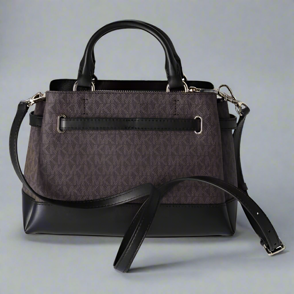 MICHAEL KORS REED SMALL BELTED LOGO SATCHEL IN BROWN BLACK