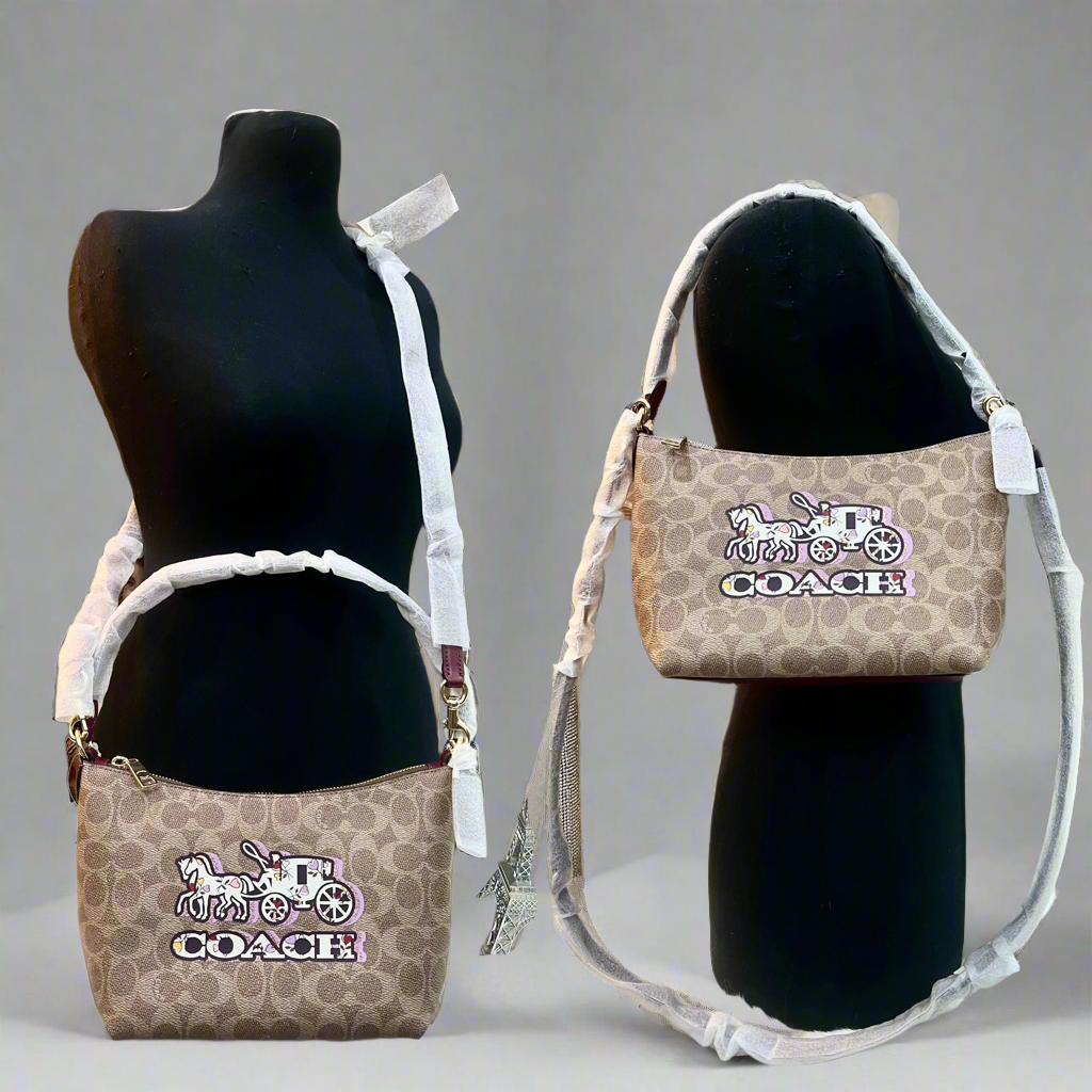 Coach Zip Top Shoulder Bag Signature Canvas & Leather Horse Carriage Print