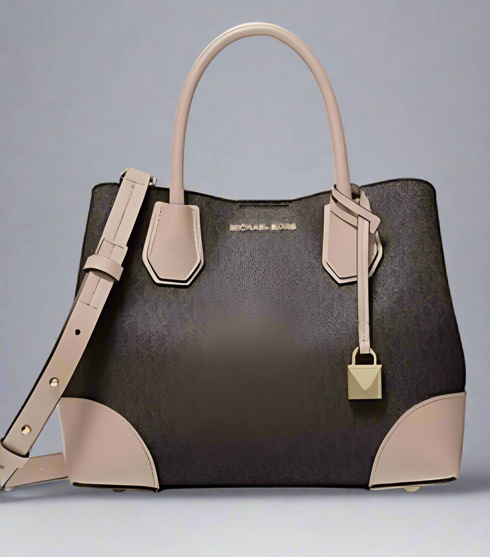 MICHAEL KORS MERCER GALLERY MEDIUM LOGO SATCHEL BAG - BROWN/SOFT PINK