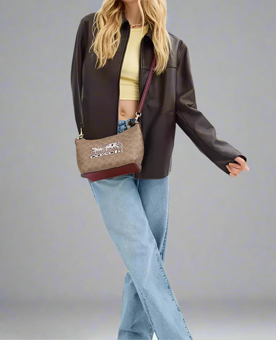 Coach Zip Top Shoulder Bag Signature Canvas & Leather Horse Carriage Print