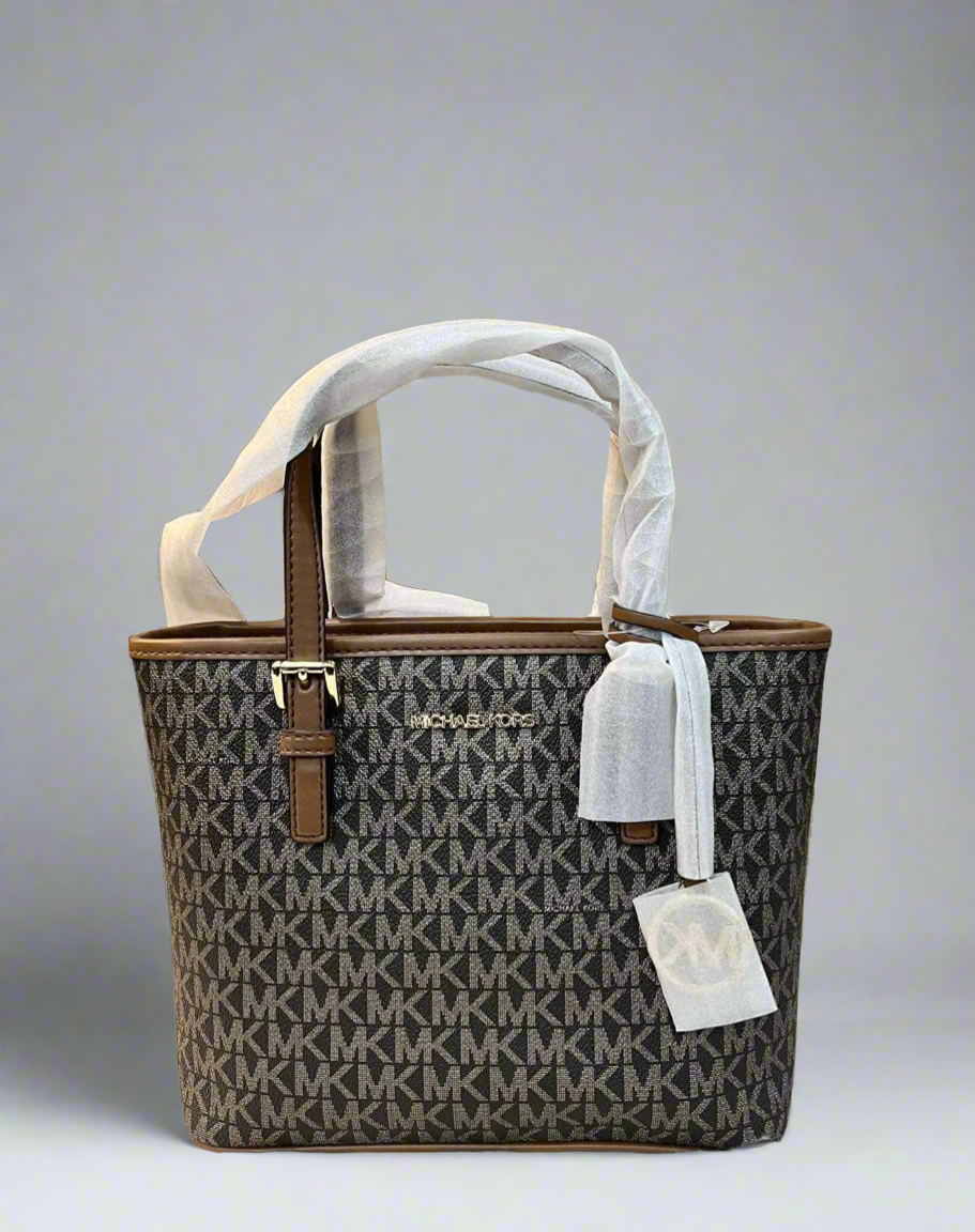 MICHAEL KORS XS JET SET CARRYALL TRAVEL ZIP TOTE - BLACK - BROWN MULTI WITH A TOUCH OF METTALIC GOLD