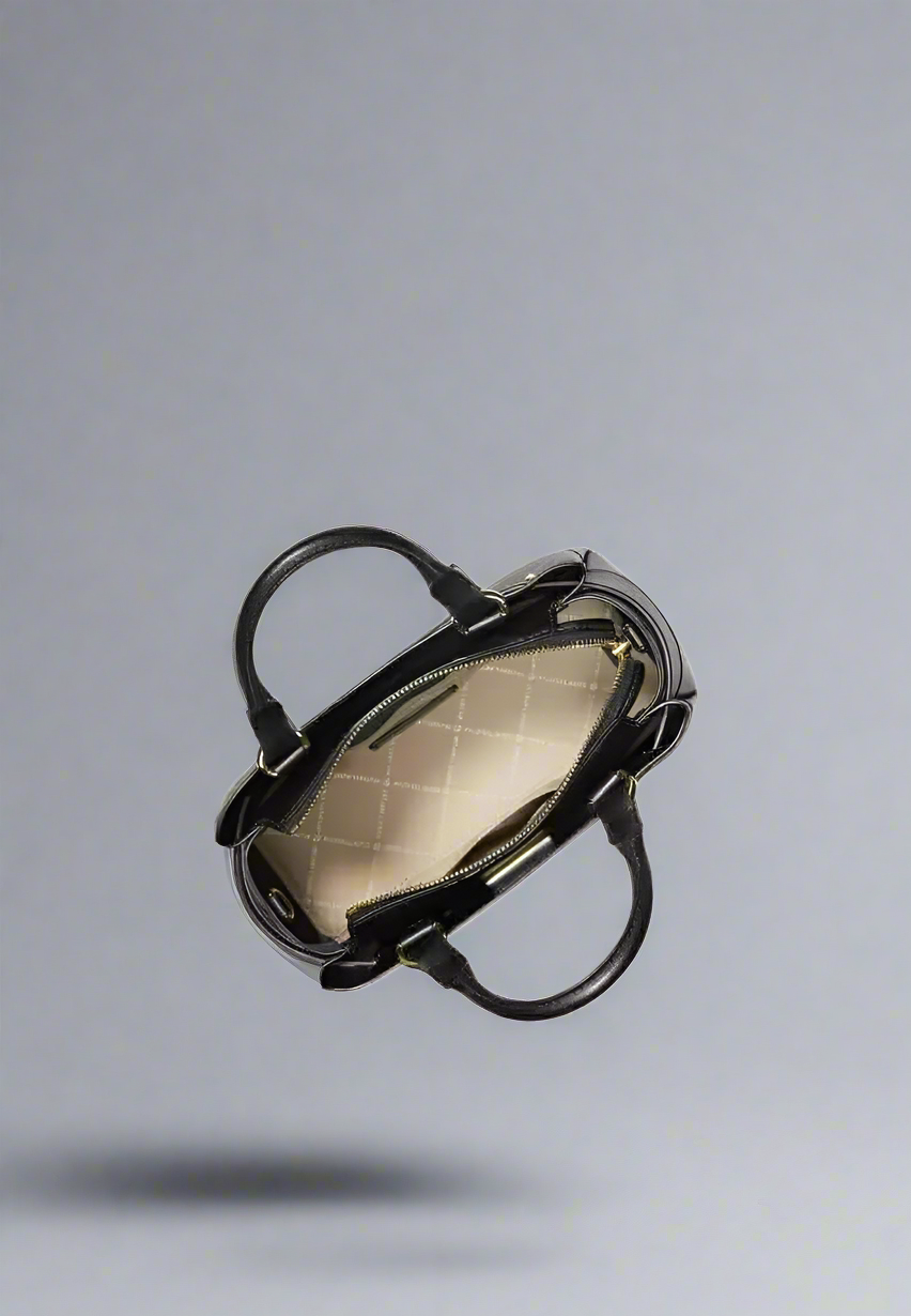 MICHAEL KORS REED SMALL BELTED LOGO SATCHEL IN BROWN BLACK