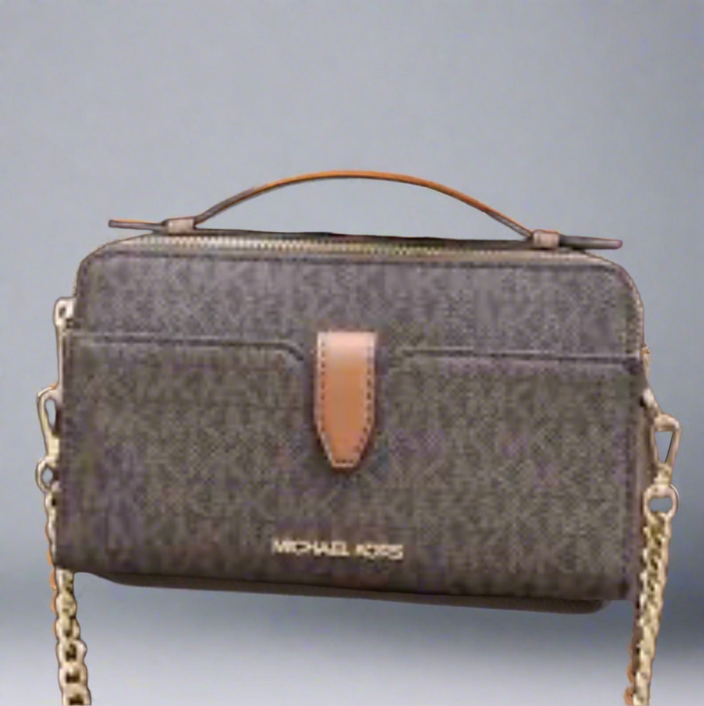 MICHAEL KORS SIGNATURE DOUBLE ZIP SMARTPHONE CROSSBODY - BROWN -ACORN