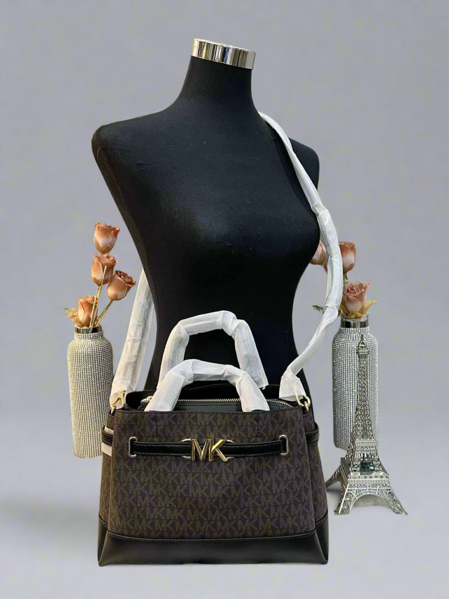 MICHAEL KORS REED SMALL BELTED LOGO SATCHEL IN BROWN BLACK