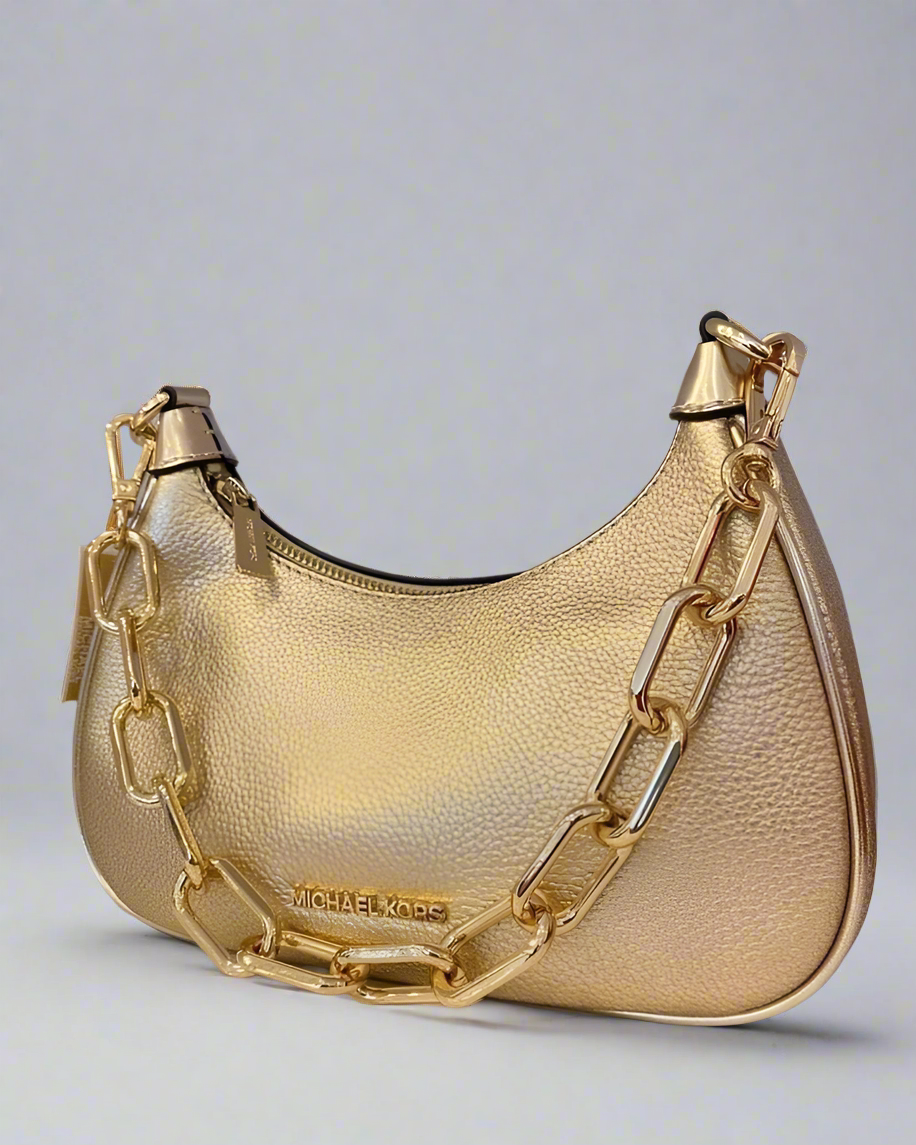 MICHAEL KORS CORA METALLIC LEATHER SHOULDER BAG - PALE GOLD