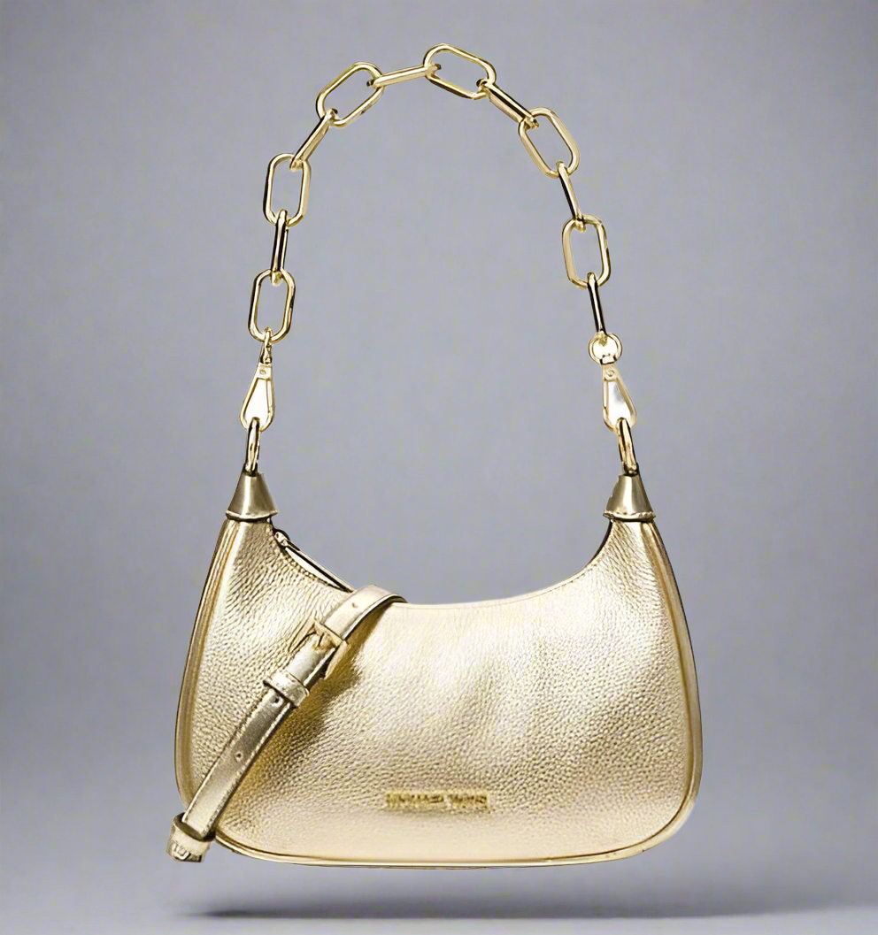 MICHAEL KORS CORA METALLIC LEATHER SHOULDER BAG - PALE GOLD