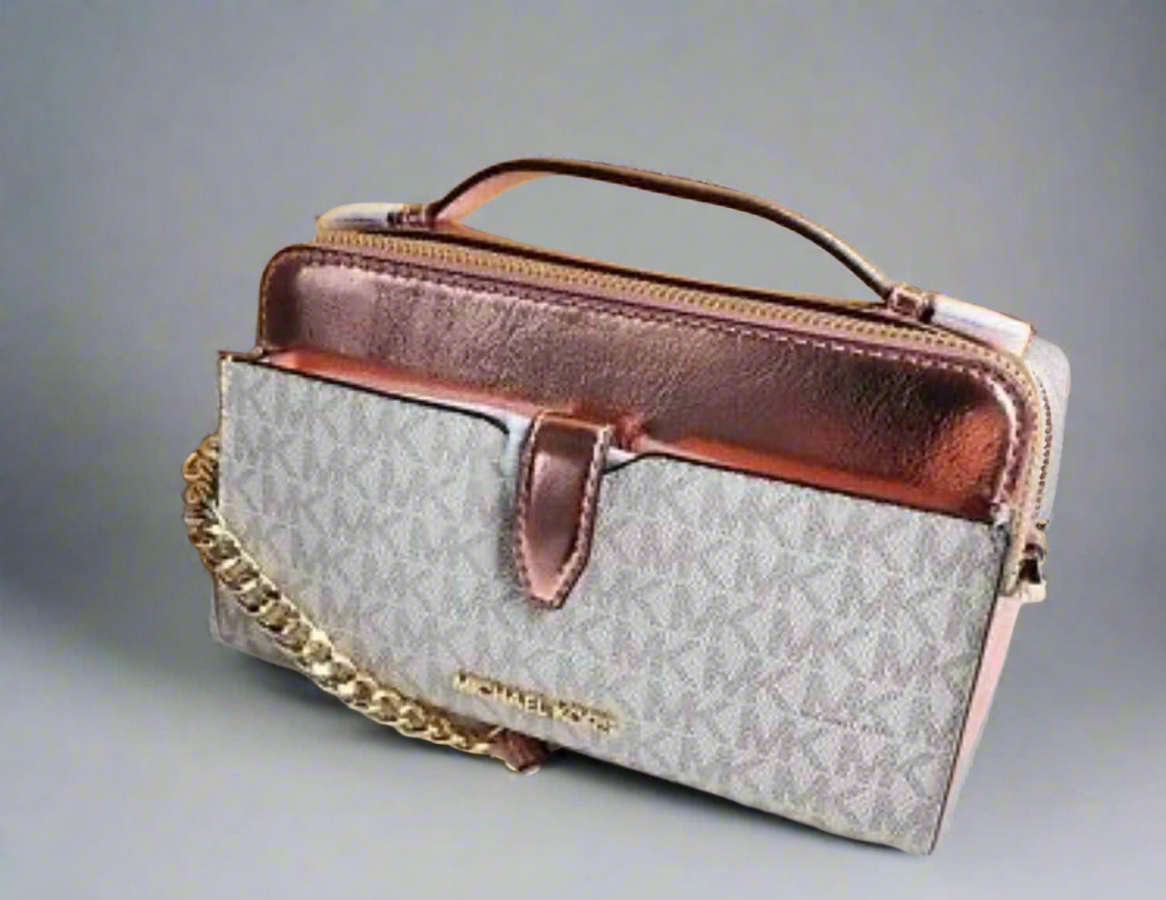 MICHAEL KORS JET SET METALLIC PRIMEROSE PINK DOUBLE ZIP SMARTPHONE CROSSBODY BAG