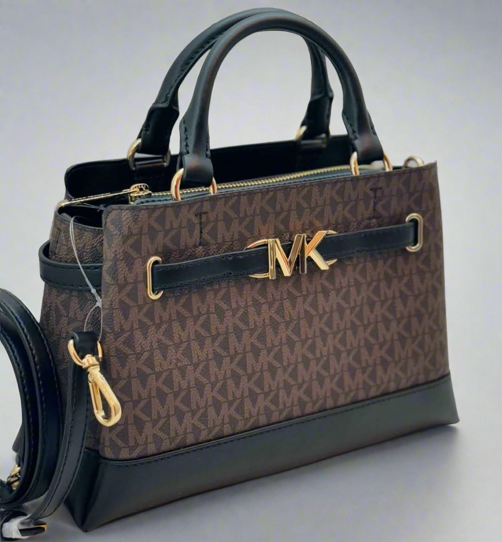 MICHAEL KORS REED SMALL BELTED LOGO SATCHEL IN BROWN BLACK