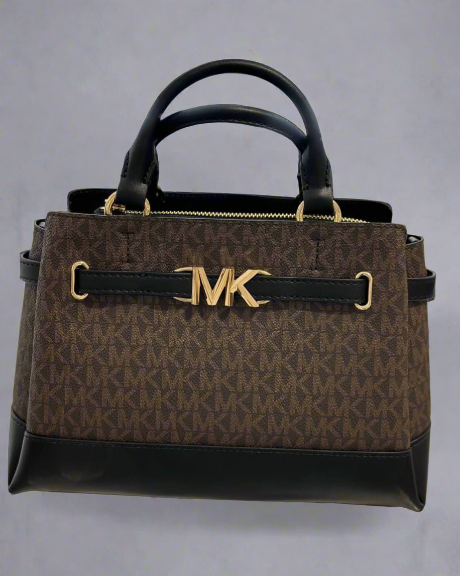 MICHAEL KORS REED SMALL BELTED LOGO SATCHEL IN BROWN BLACK
