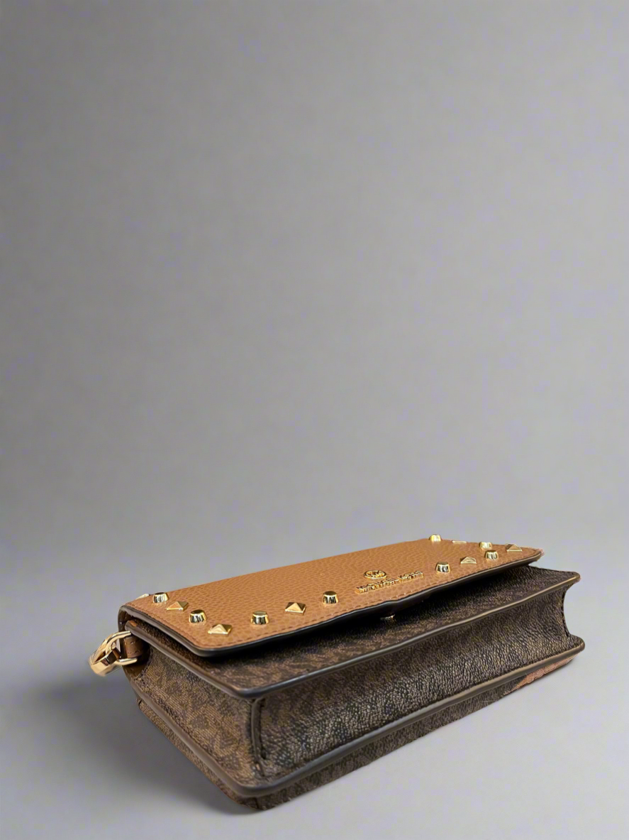 MICHAEL KORS JET SET SMALL STUDDED LOGO MOBILE CROSSBODY BAG ( RETAIL ITEM )