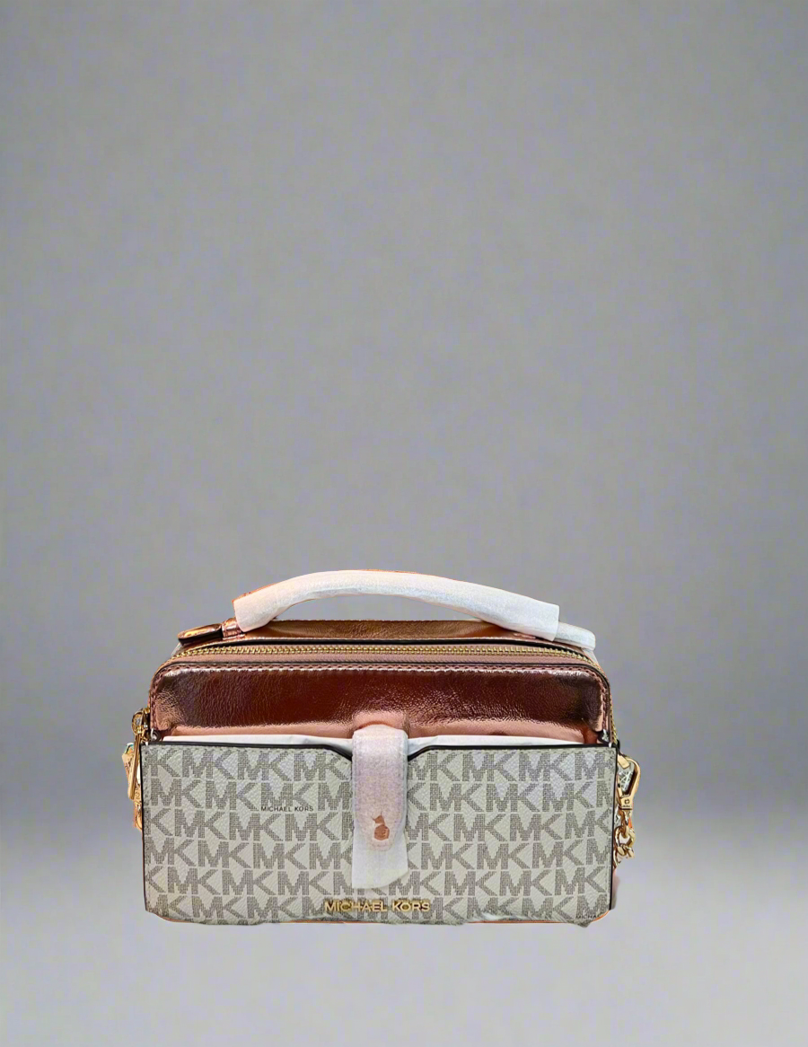 MICHAEL KORS JET SET METALLIC PRIMEROSE PINK DOUBLE ZIP SMARTPHONE CROSSBODY BAG